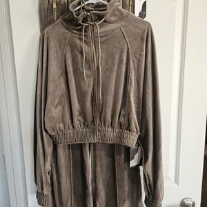 Velour Zip-Front Pantsuit Jacket in Taupe/Brown
